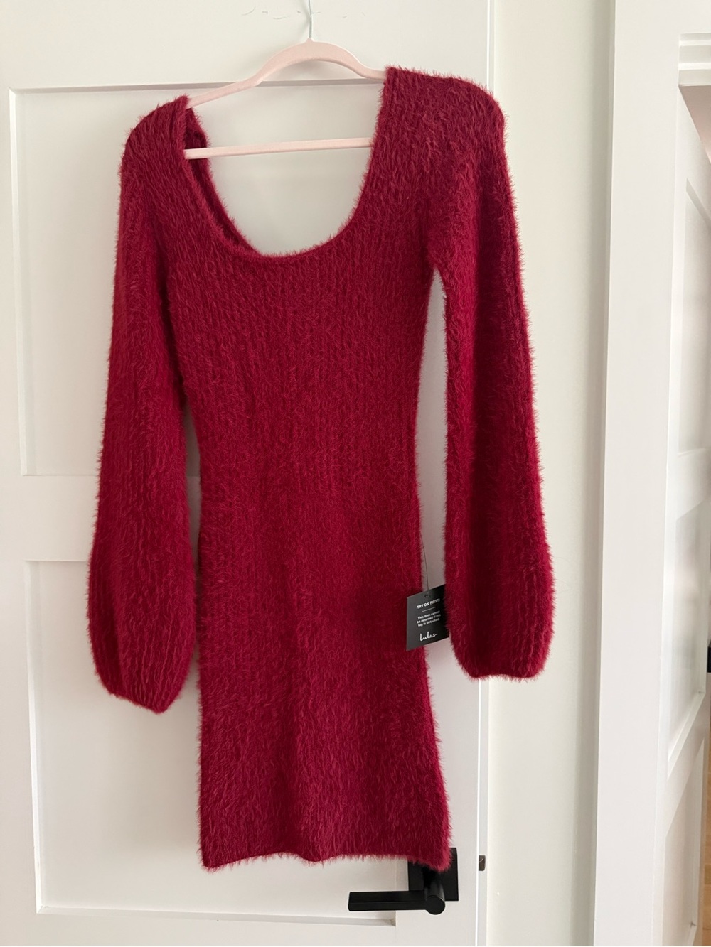 Lulu's Ruby Red Fuzzy Scoop-Neck Long Sleeve Dress